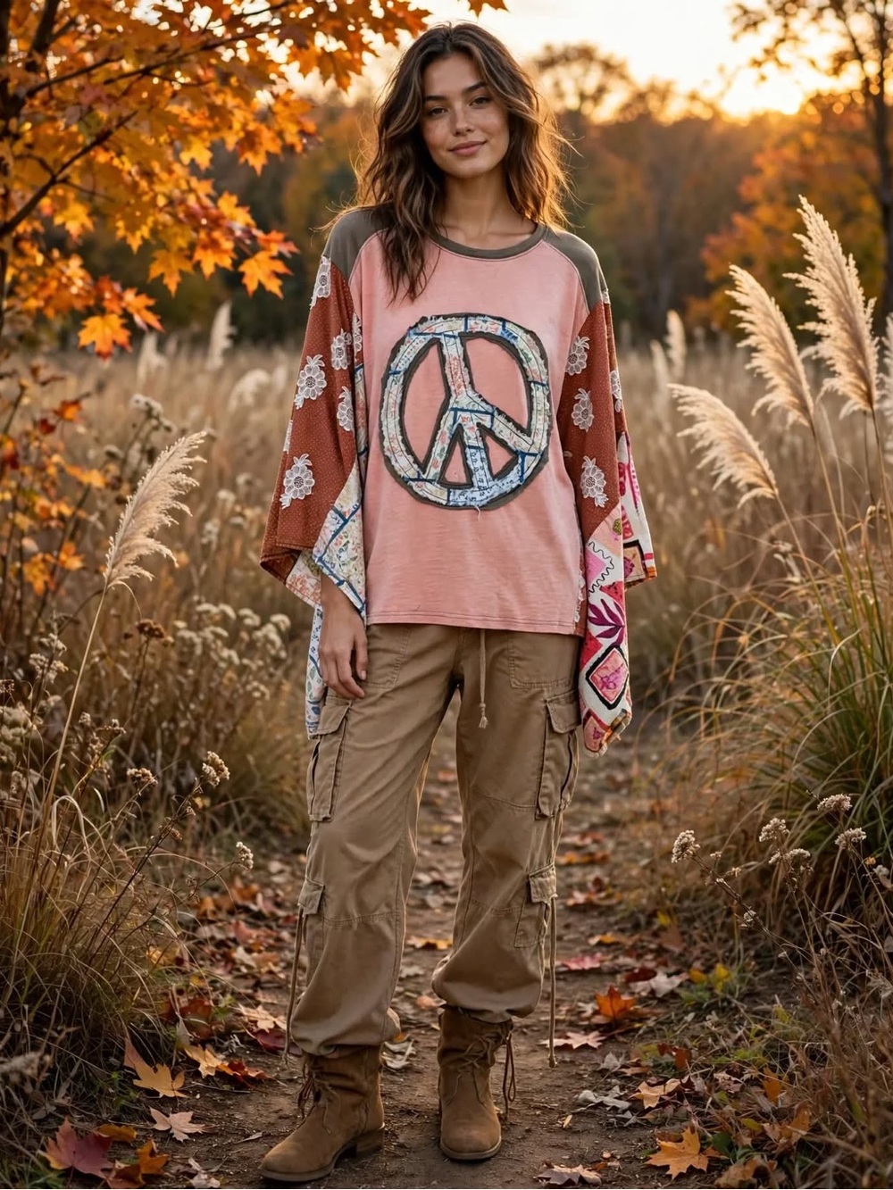 Easel Boho Patchwork Peace Sign Top Lace Sleeve Oversized Pullover